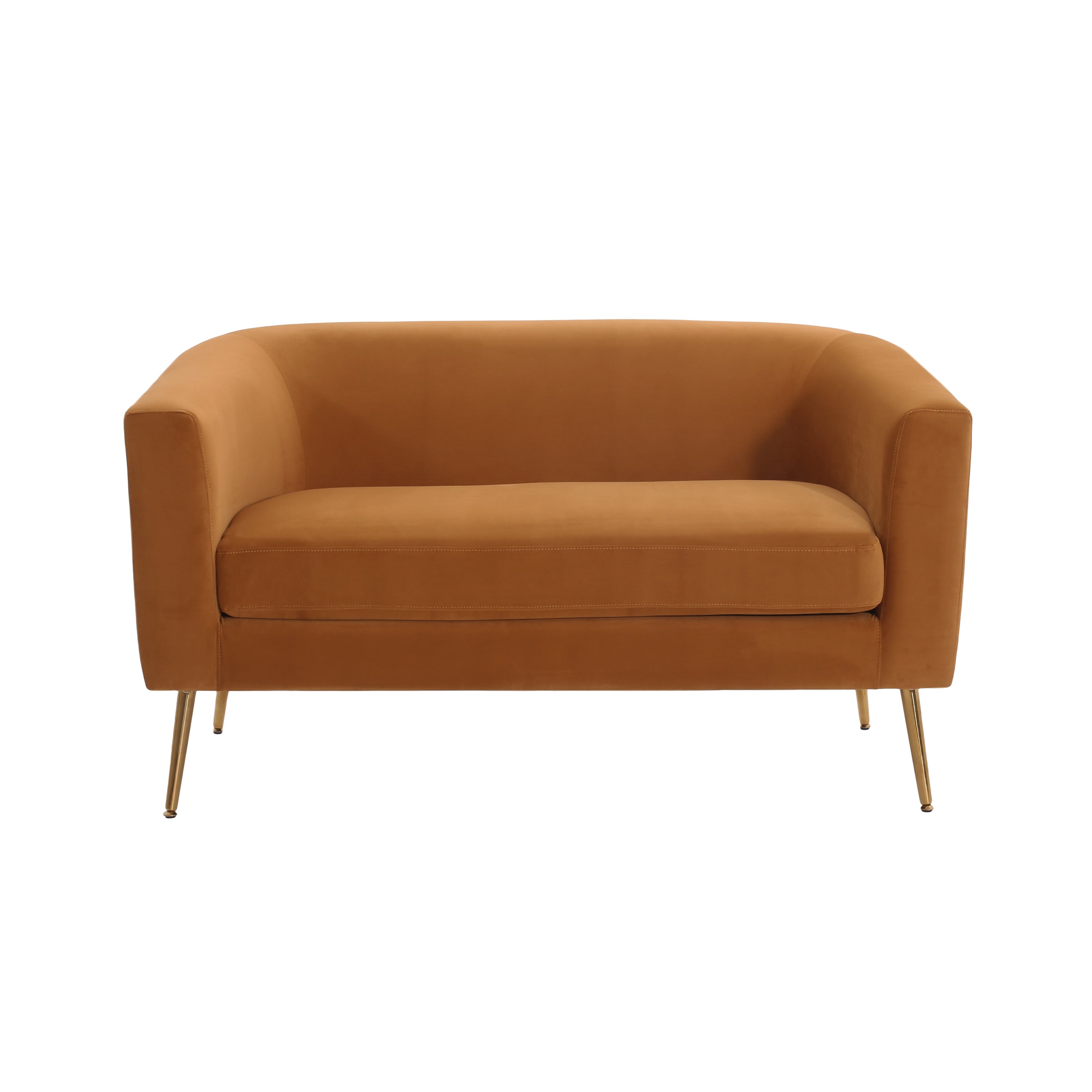 Modern velvet loveseat with sleek gold legs and curved armrests, offering elegant comfort and soft, durable upholstery for stylish interiors.