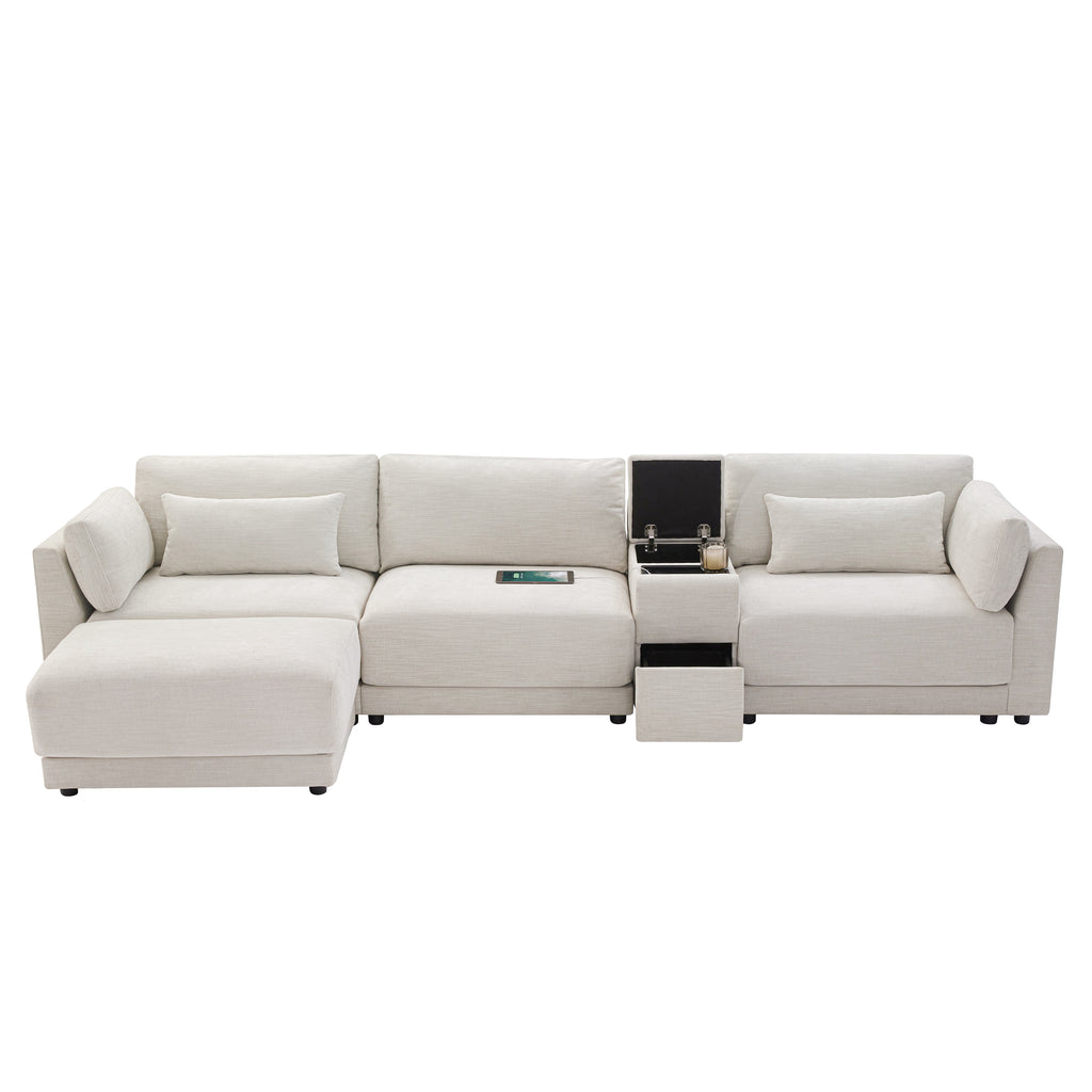 Sectional sofa with open storage compartments and wireless charging panel, showcasing its multifunctional and tech-friendly features.