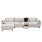 Sectional sofa with open storage compartments and wireless charging panel, showcasing its multifunctional and tech-friendly features.
