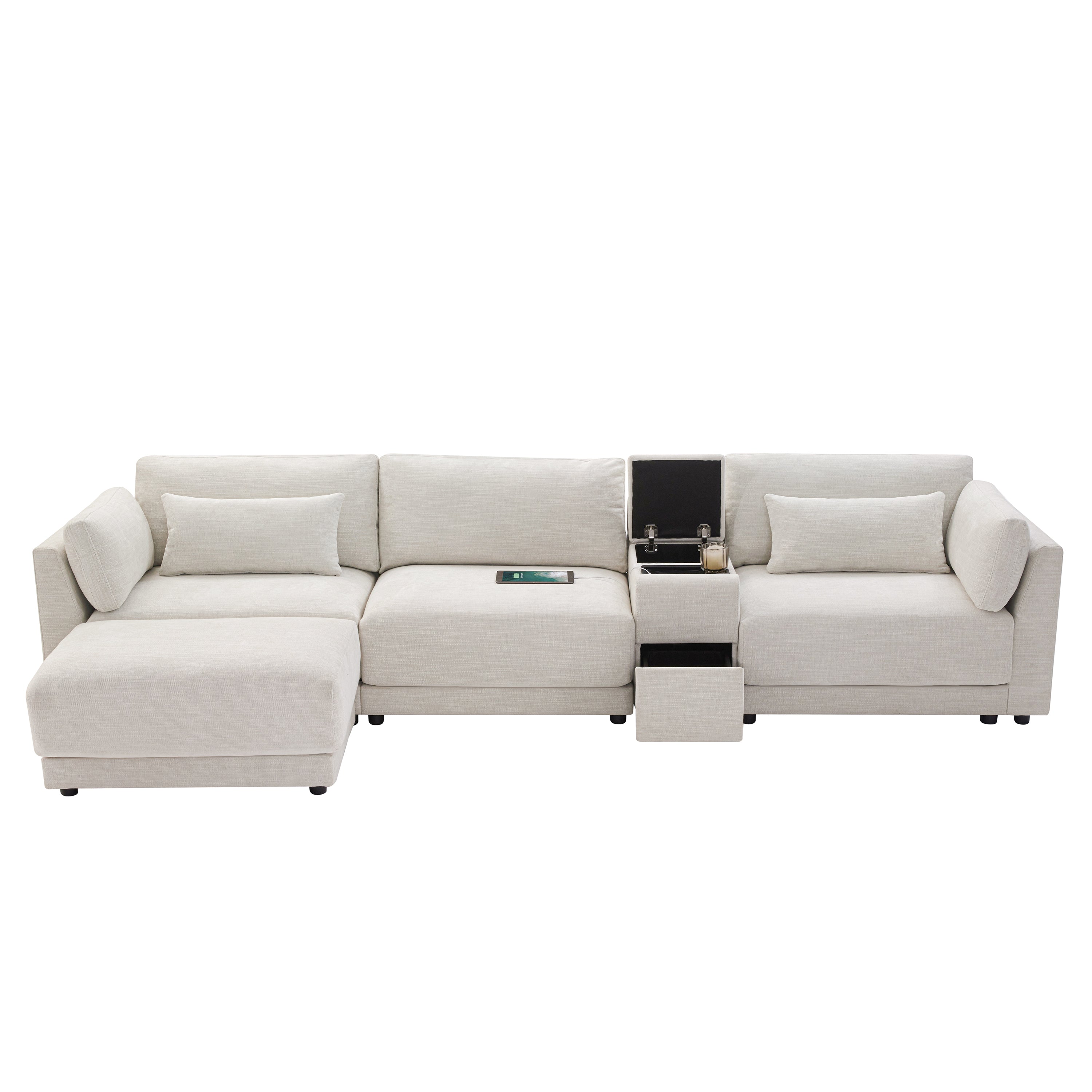 Sectional sofa with open storage compartments and wireless charging panel, showcasing its multifunctional and tech-friendly features.