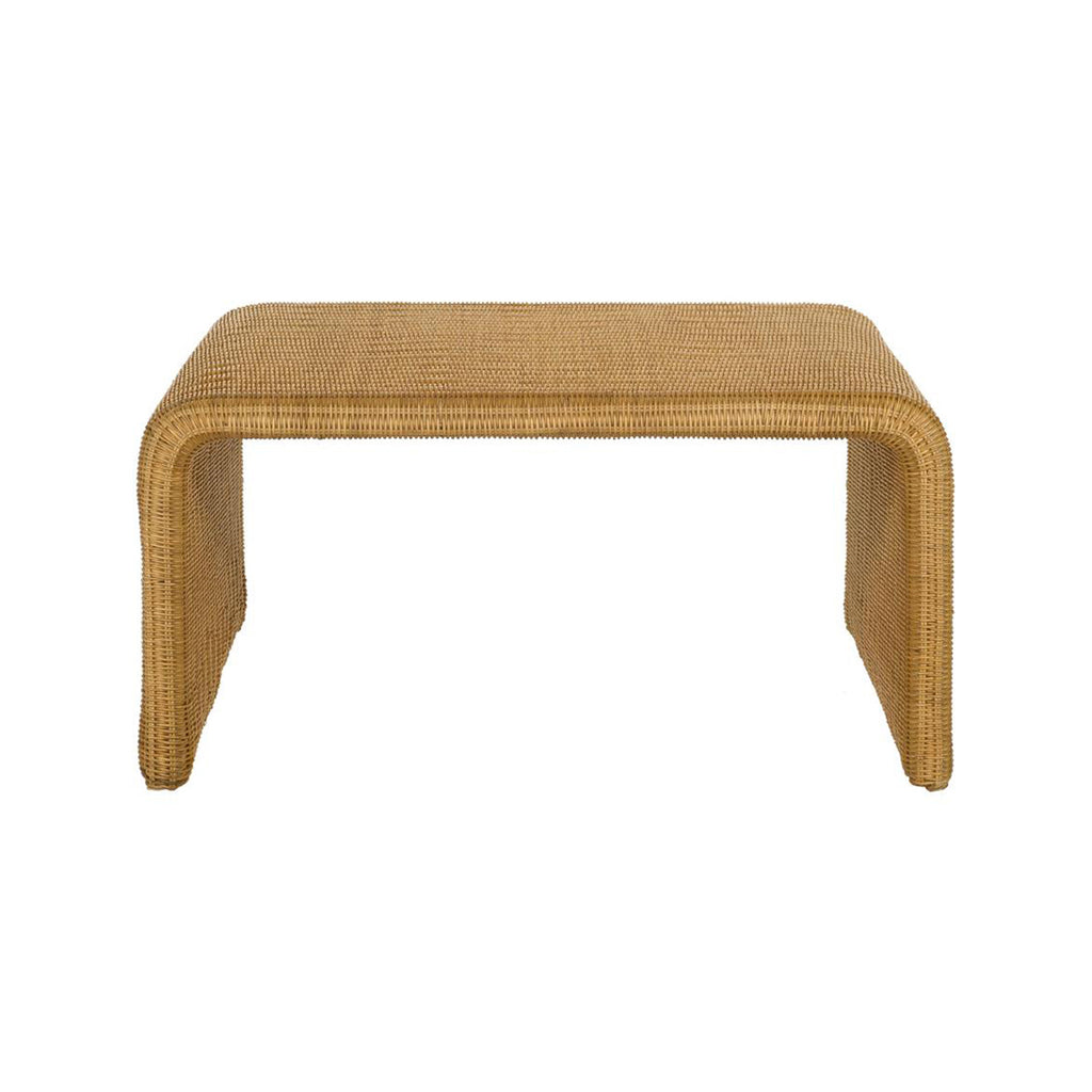Front view of Natural Square Woven Rattan Coffee Table featuring a seamless woven texture and sturdy metal frame underneath.