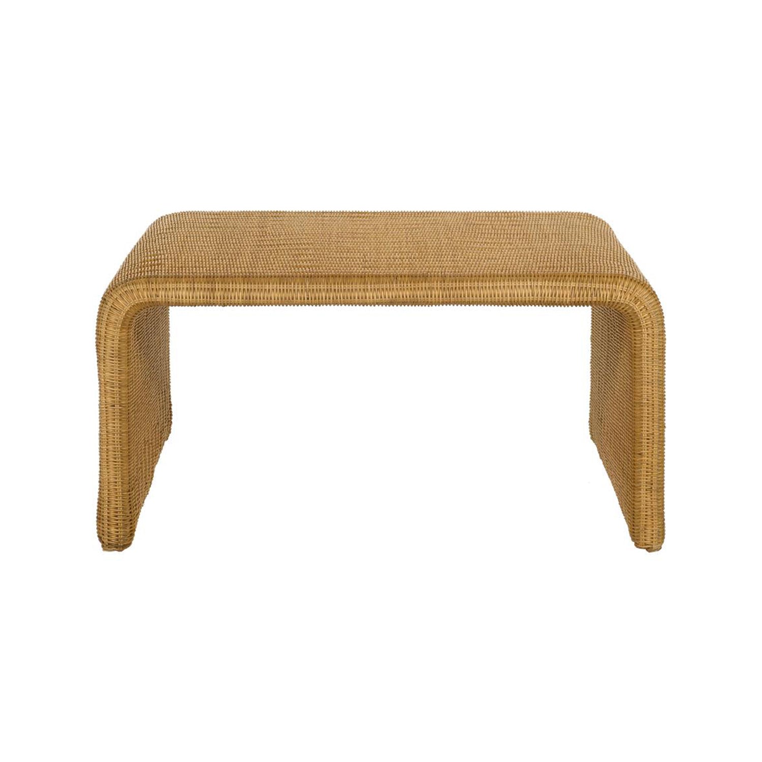 Front view of Natural Square Woven Rattan Coffee Table featuring a seamless woven texture and sturdy metal frame underneath.