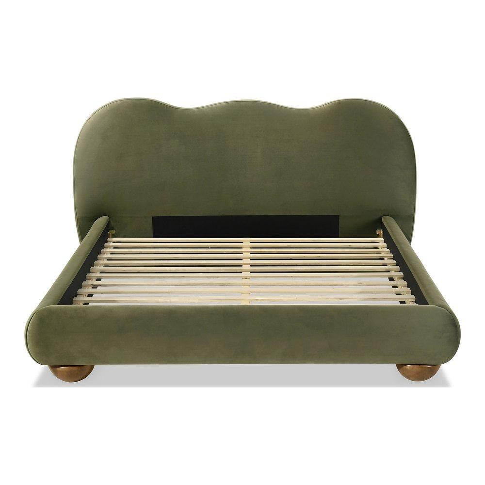 Olive Green Queen Size Bed with Boucle Upholstery.
