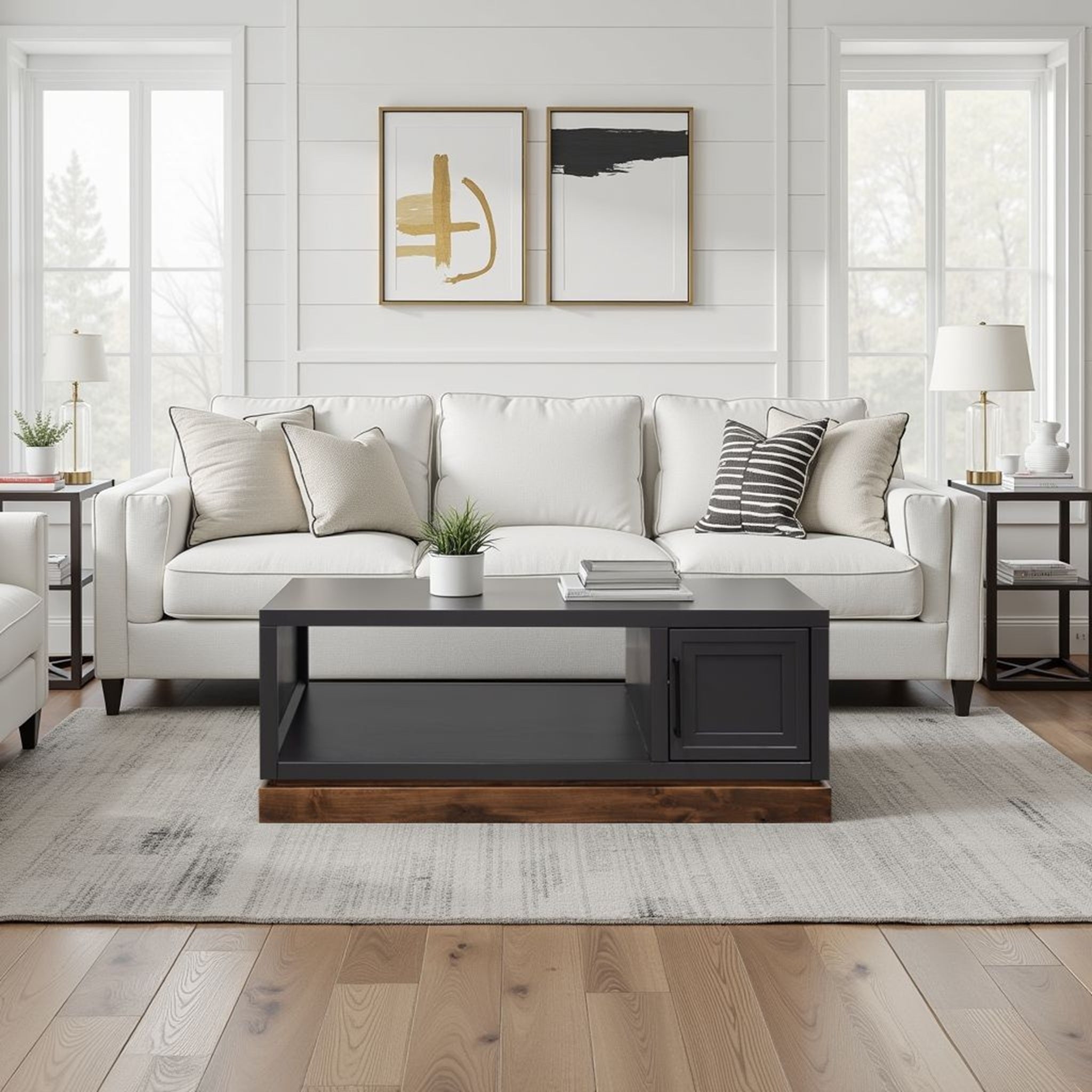 Nora Coffee Table - No Assembly Required | Black Finish shown in modern living room with white sofa and neutral decor, highlighting ample storage.