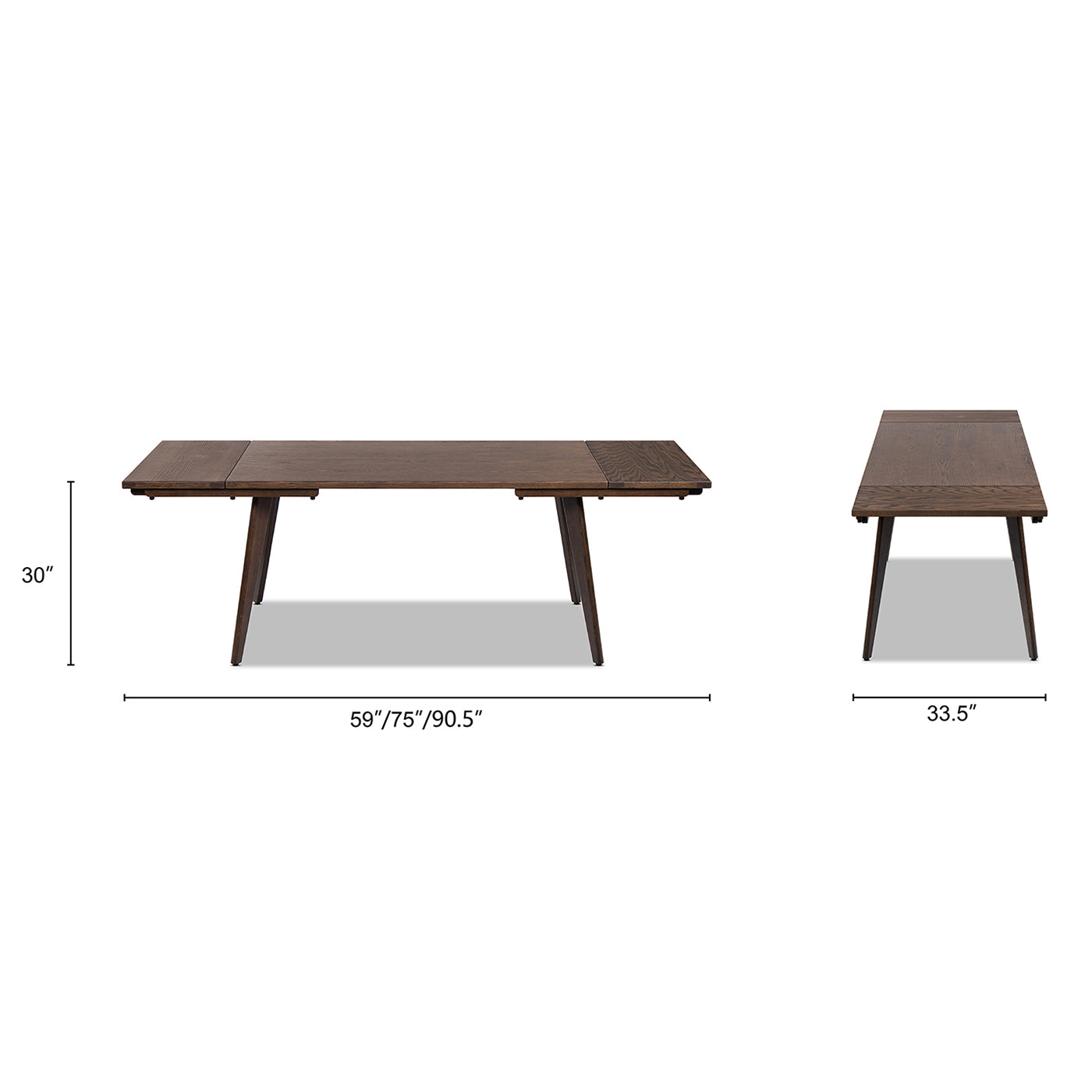 Dimension diagram of Oak Extendable Dining Table, showing 59 to 90.5 inch length and 33.5 inch width for 6-8 seat capacity.