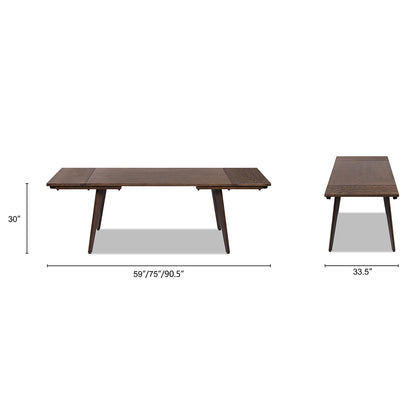 Dimension diagram of Oak Extendable Dining Table, showing 59 to 90.5 inch length and 33.5 inch width for 6-8 seat capacity.