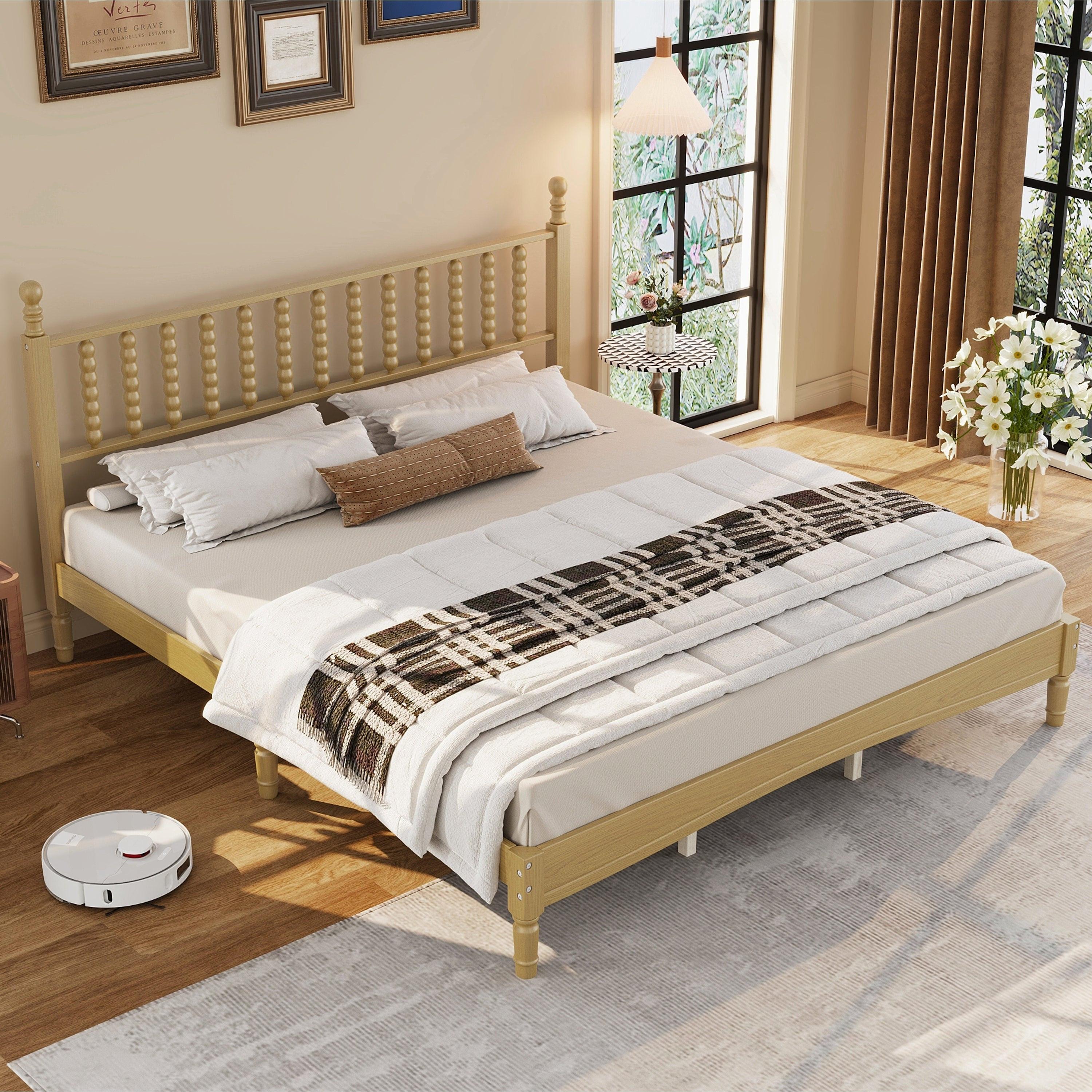 King Size Wood Platform Bed Featuring a Gourd Shaped Headboard.