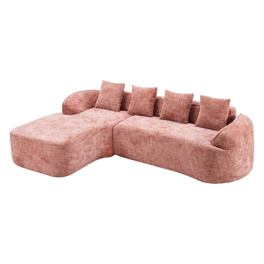 Full view of Pink Chenille L-Shaped Sofa with five matching cushions, perfect for space-saving living room arrangements.