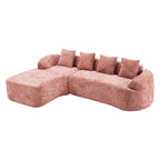Full view of Pink Chenille L-Shaped Sofa with five matching cushions, perfect for space-saving living room arrangements.