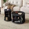 [Assembly Video] Mid-Century Coffee Table Set with Sliding Tambour Door, Round Fluted End Table With Storage, Golden Handle Tall & Low Side Table with Wooden Finish for Living Room, Set of Two, Black.