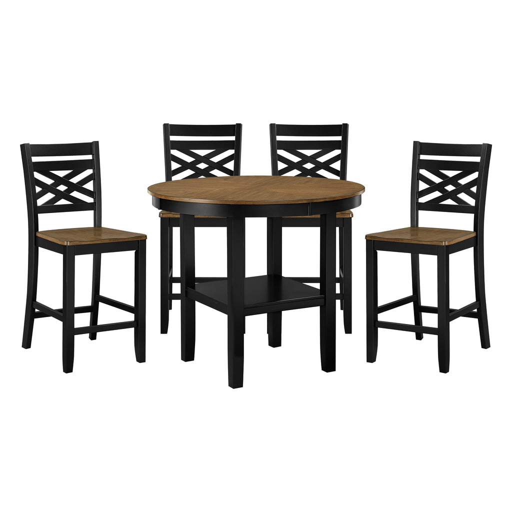 Complete 5pc counter height dining set with round table and four matching chairs in black and wood finish, includes table storage.