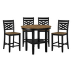 Complete 5pc counter height dining set with round table and four matching chairs in black and wood finish, includes table storage.