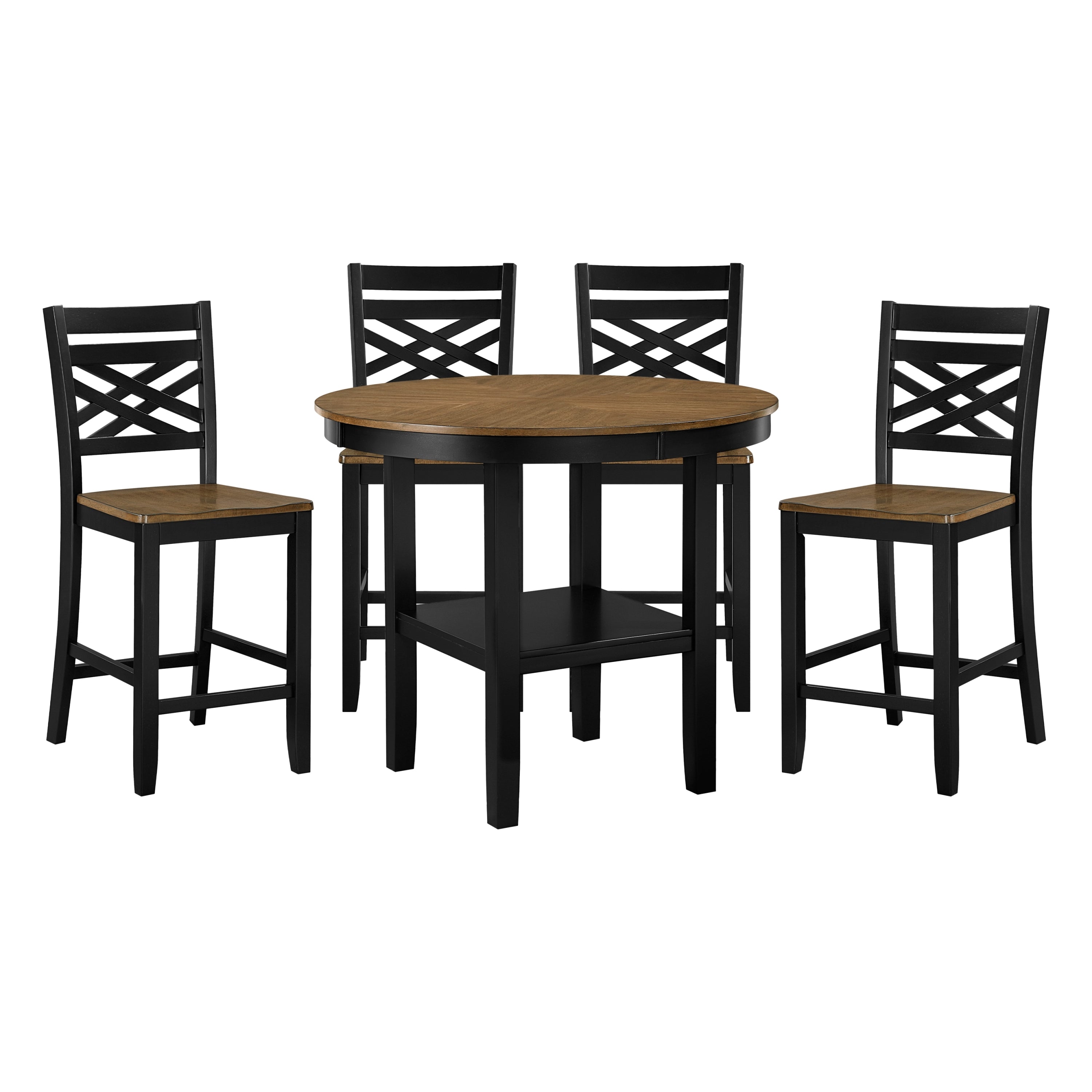 Complete 5pc counter height dining set with round table and four matching chairs in black and wood finish, includes table storage.