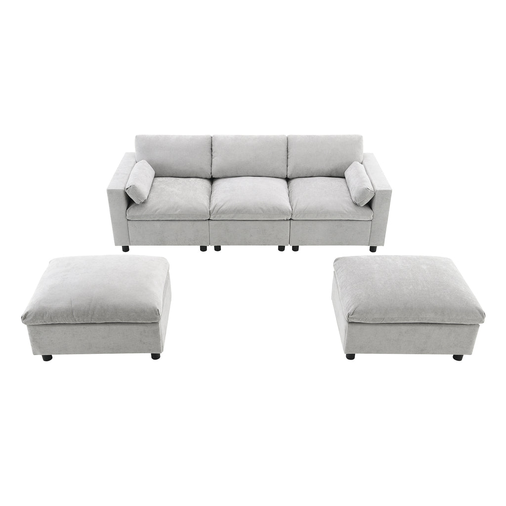 Chenille Modular Sofa - U-Shaped Couch with Storage separated into three-seat base and two ottomans for modular configuration.