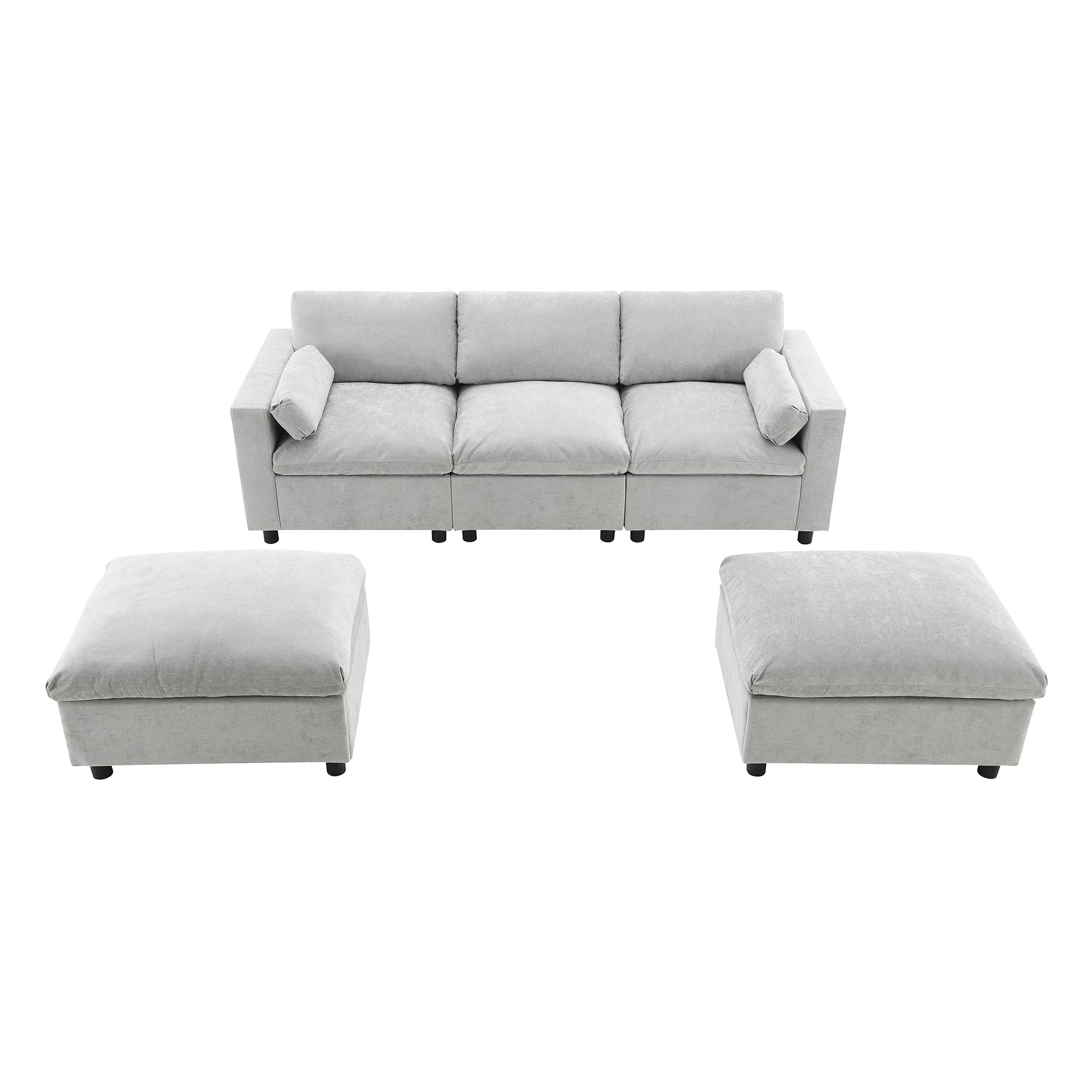 Chenille Modular Sofa - U-Shaped Couch with Storage separated into three-seat base and two ottomans for modular configuration.