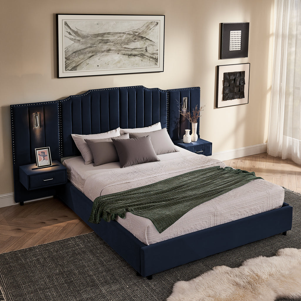 Queen upholstered bed frame velvet with storage, featuring navy headboard, built-in lights, and floating nightstands in elegant decor.