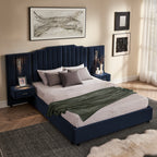 Queen upholstered bed frame velvet with storage, featuring navy headboard, built-in lights, and floating nightstands in elegant decor.