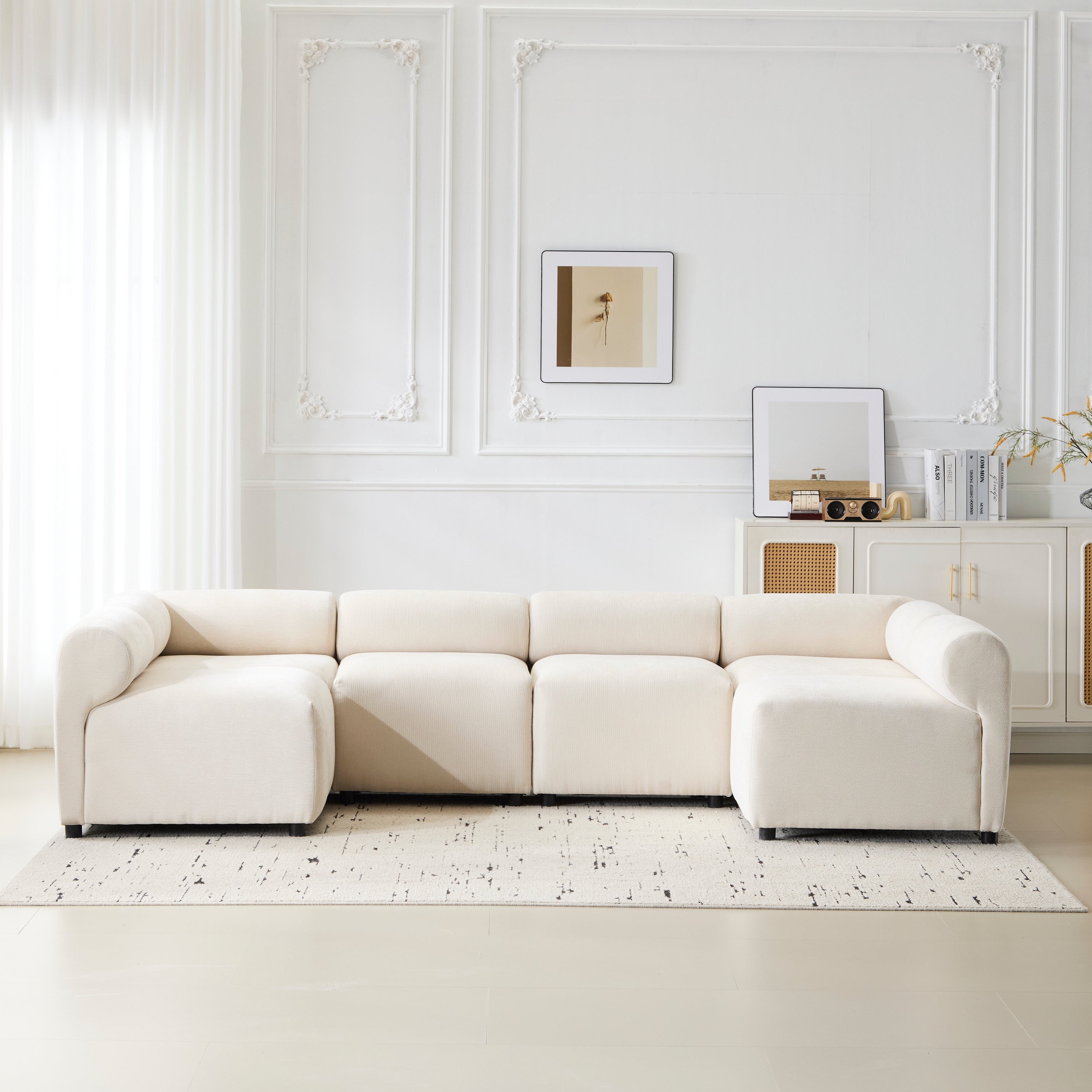 Evelyn U-Shaped Modular Sectional Sofa - 6-Piece Set in cream chenille fabric, arranged in a bright living room with modern decor.