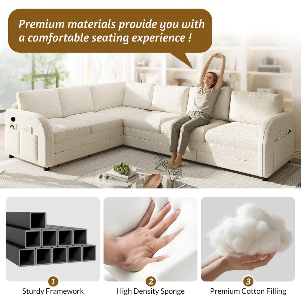 115.2' L-Shaped Sofa Bed with USB Port and Side Pocket.