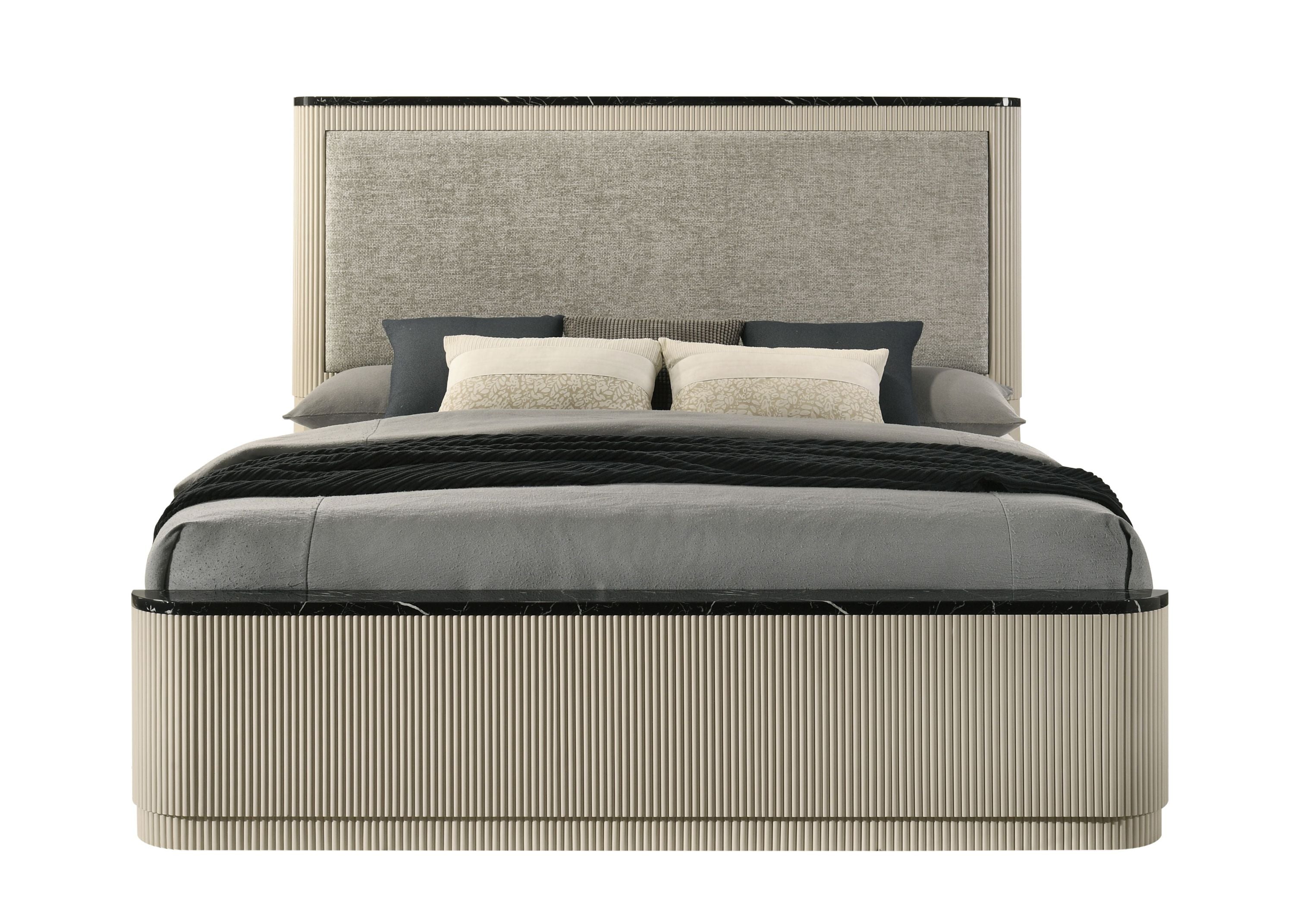 Gray Linen Beige Queen Bed - Modern Design with upholstered headboard, marble accents, and storage drawers for stylish bedroom upgrade.