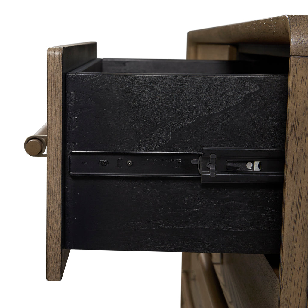 Close-up of solid wood small dresser drawer with smooth metal glide mechanism, showcasing durable construction and ease of use.