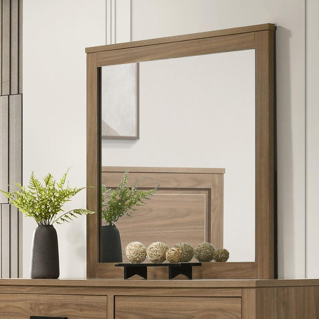 Walnut Dresser with Mirror and Six Drawers.