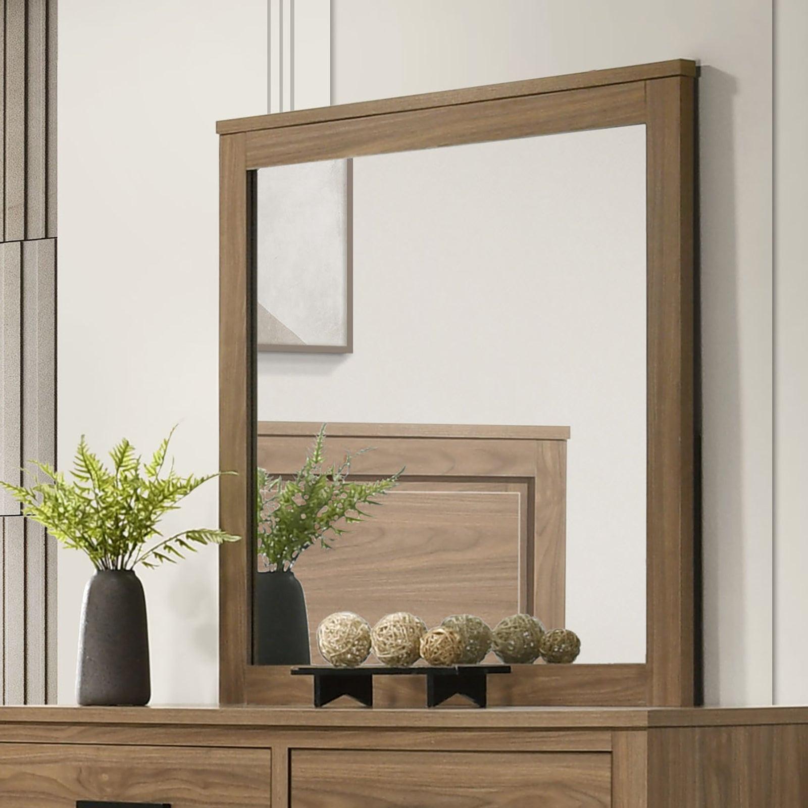 Walnut Dresser with Mirror and Six Drawers.