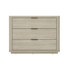 Modern three-drawer nightstand in a natural wood finish with sleek, slim brass-tone metal pulls.