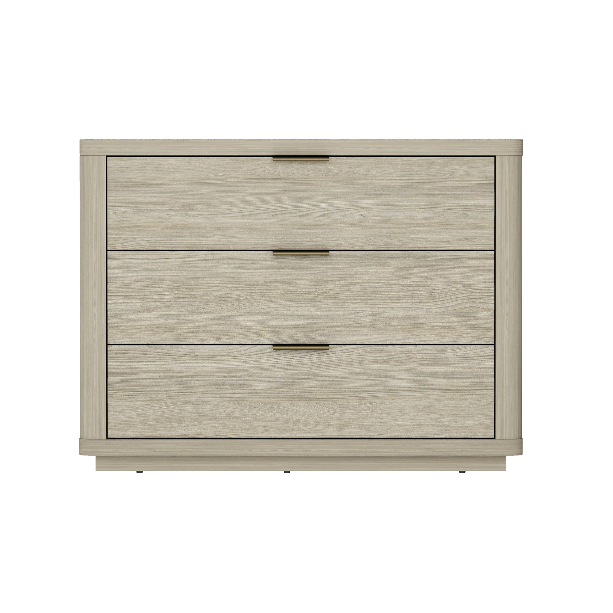 Modern three-drawer nightstand in a natural wood finish with sleek, slim brass-tone metal pulls.