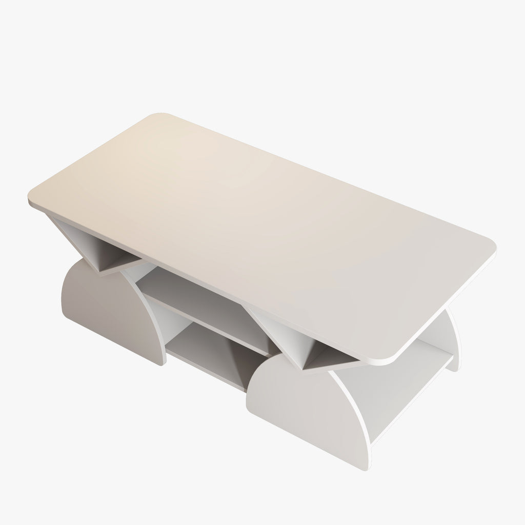 Top view of engineered wood coffee table with sturdy frame and multiple storage shelves, ideal for modern reception or living room settings.