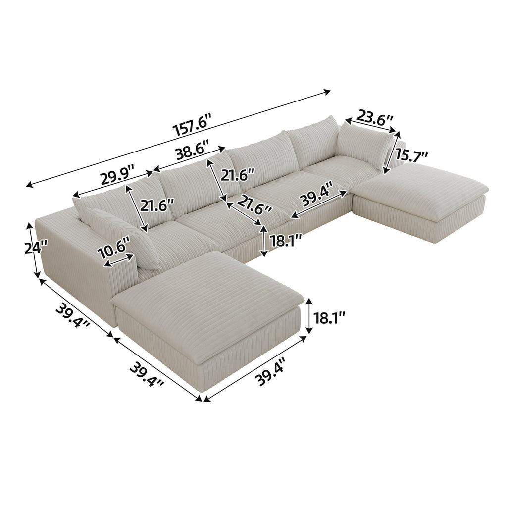 157.6'Cloud Sofa,Corduroy Fabric,Deep Seat Couches,Double-layer design,Removable Cushion,No Assembly,DIY Combination for Living room, Bedroom,Conference room ,Apartment,White - Groovy Boardz