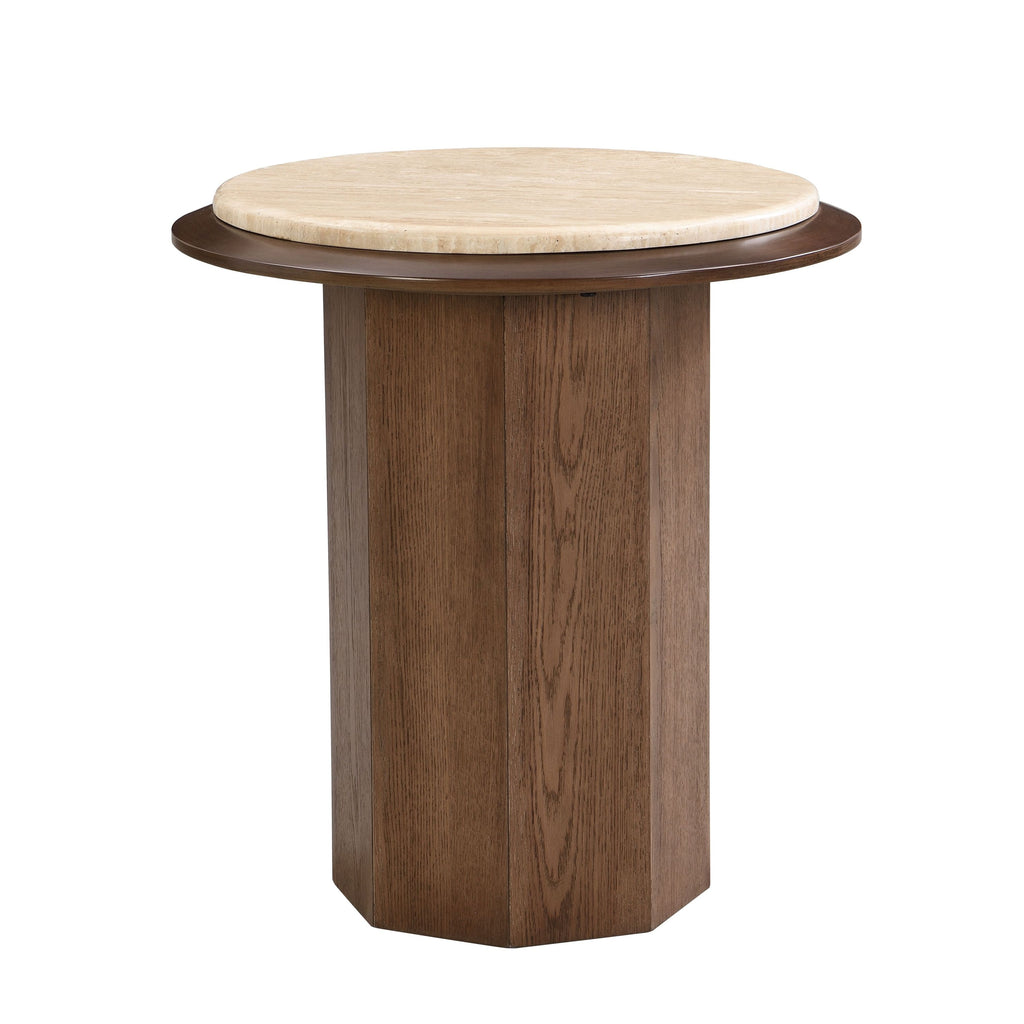 Kasha End Table featuring a round travertine top and walnut MDF base, perfect for contemporary home decor and accent furniture.
