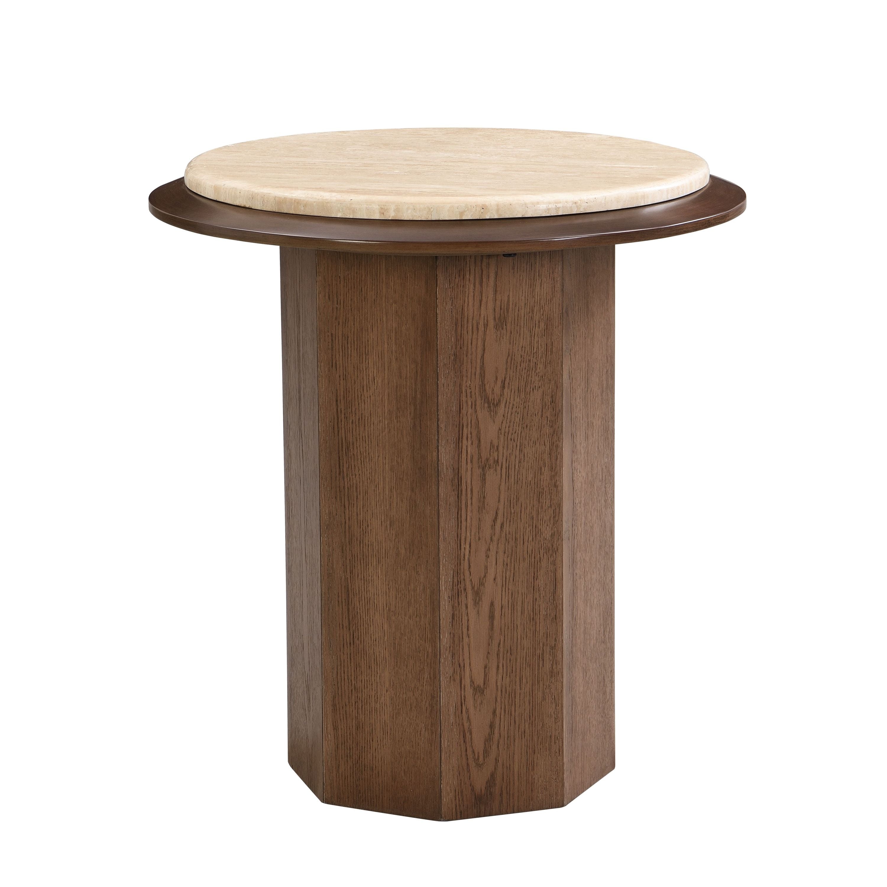 Kasha End Table featuring a round travertine top and walnut MDF base, perfect for contemporary home decor and accent furniture.