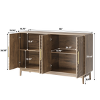 Dimensions of walnut sideboard with adjustable shelves shown open, highlighting internal storage space and modern design features.