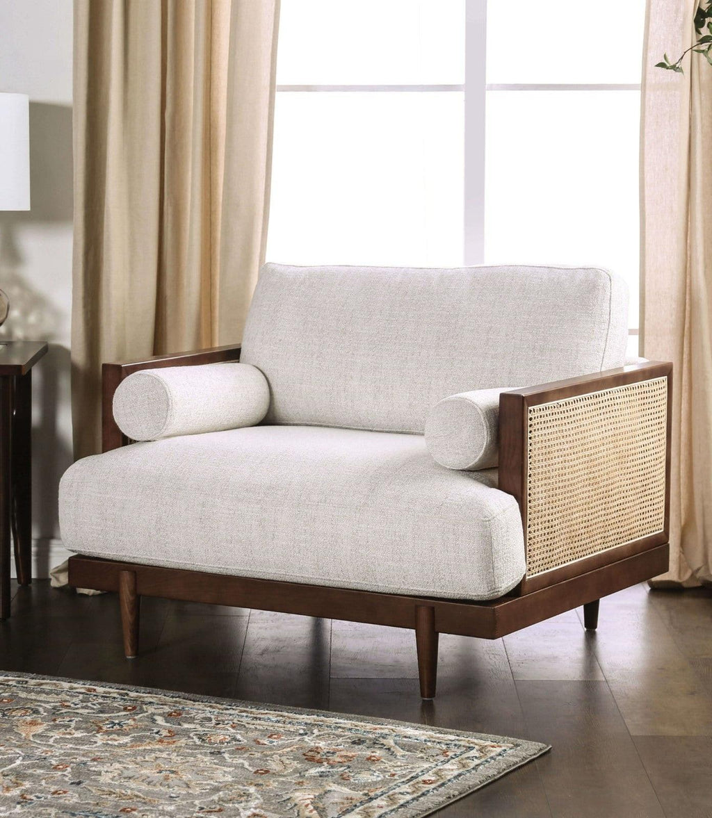 Mid-Century Modern Beige Chair with Walnut Finish.