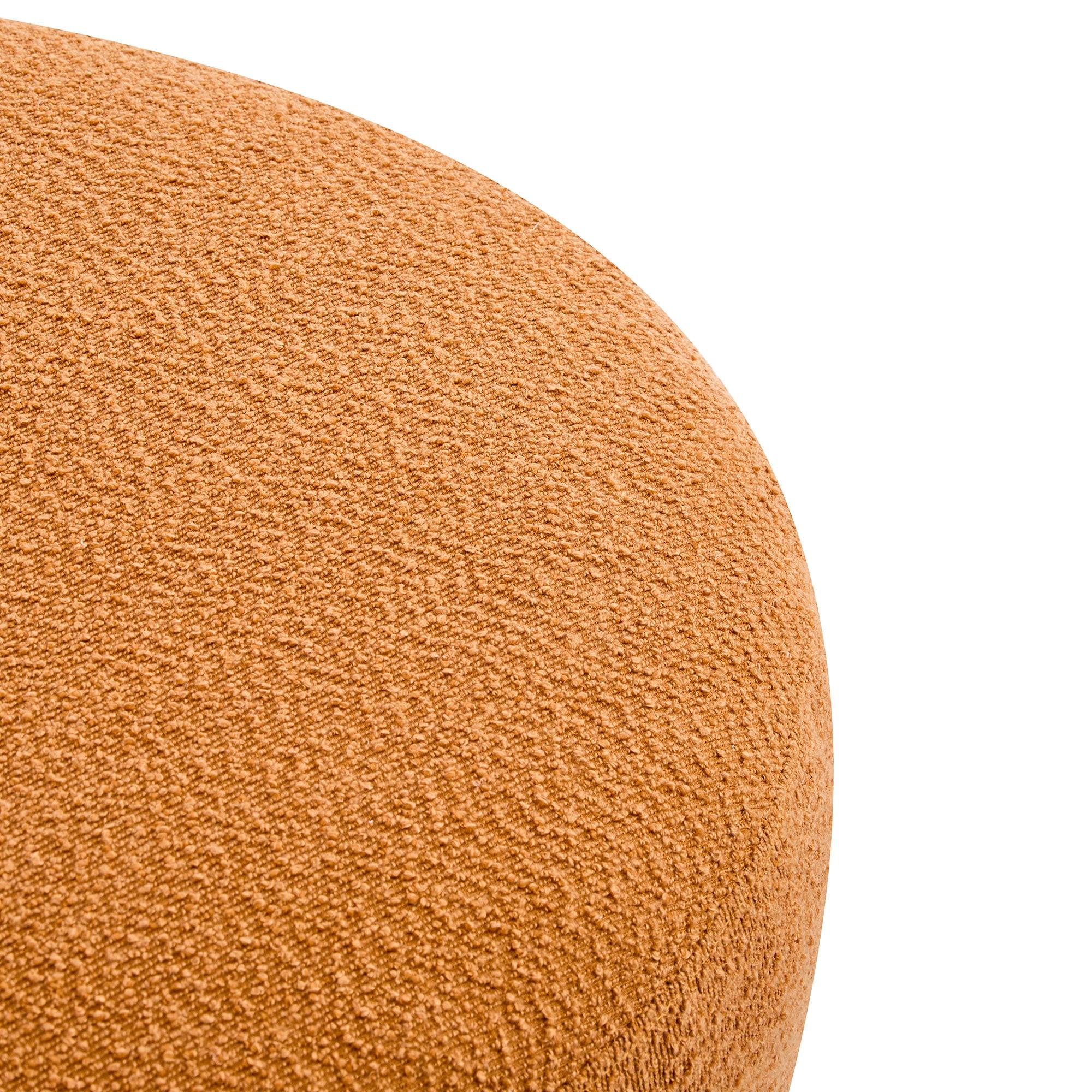 Round Boucle Ottoman with Rubber Wood Legs.