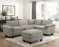 Modern 5-piece modular sectional in gray chenille fabric with a matching plush ottoman on a light area rug.