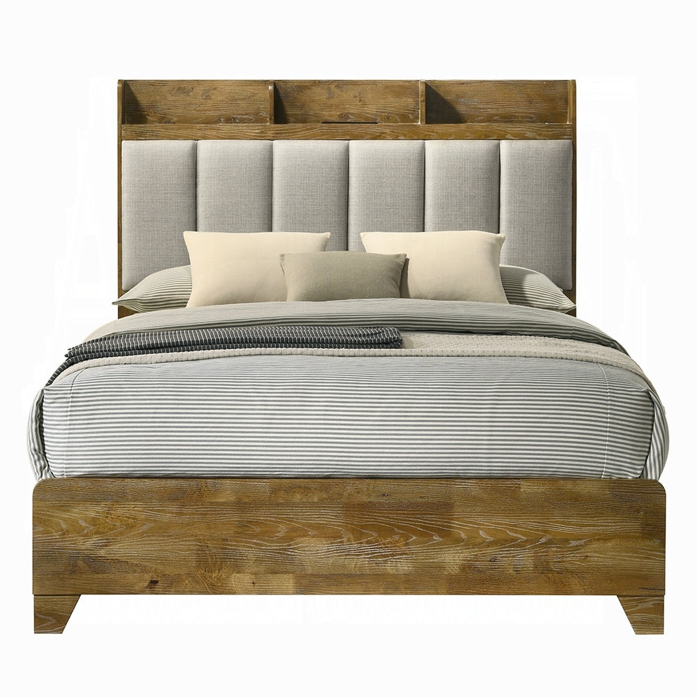 Front view of King Wooden Bed USB Ports - King Size Bed featuring a brown wood frame and padded gray upholstered headboard with USB charging ports.