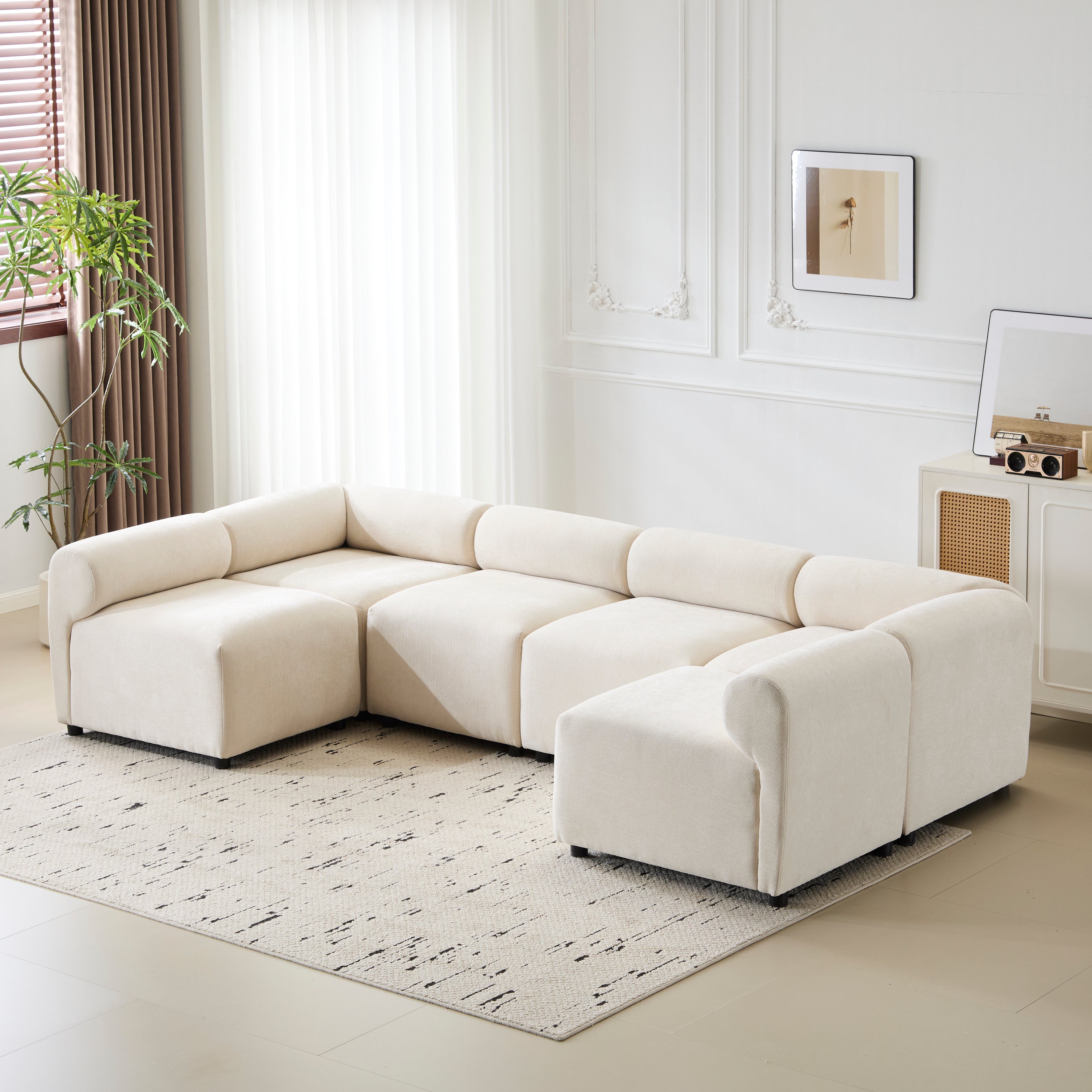 Evelyn U-Shaped Modular Sectional Sofa - 6-Piece Set featuring plush chenille upholstery and deep seating in a corner living room layout.