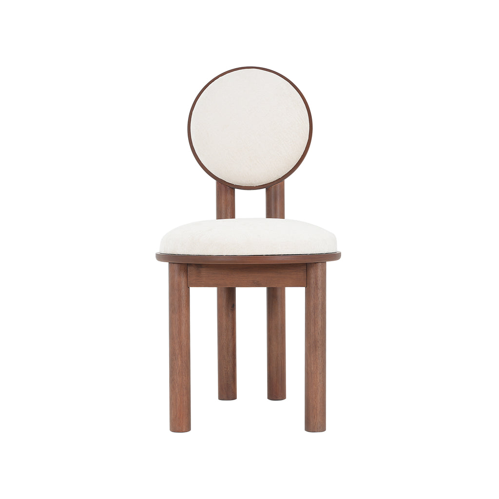 Front view of beige dining chair with circular backrest and padded seat. Crafted with solid wood legs for durability.