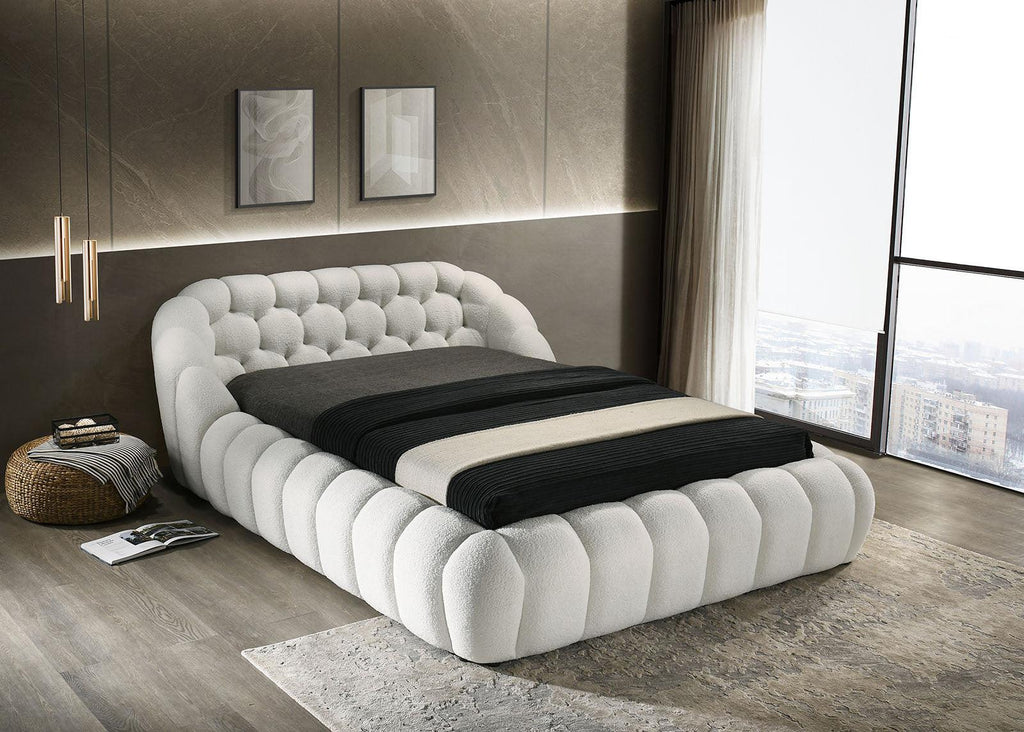 White Chenille King Size Bed with Contemporary Style.