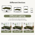 Comparison of 116'' compressed sofa under different lighting conditions, showing color variations in cold, natural, and warm light.