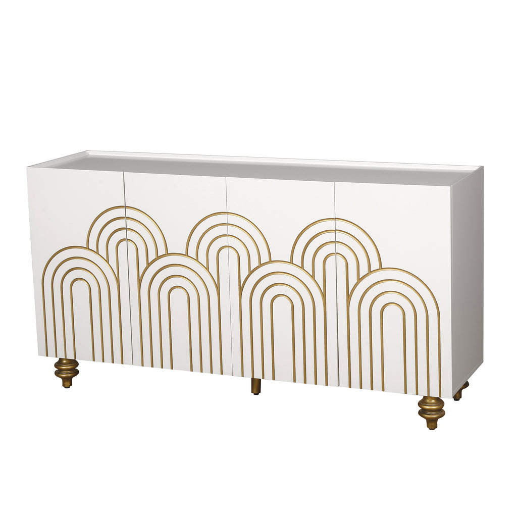 Modern Fluted Sideboard Buffet with Storage, Curve Element, 4 Doors with Adjustable Shelves, White