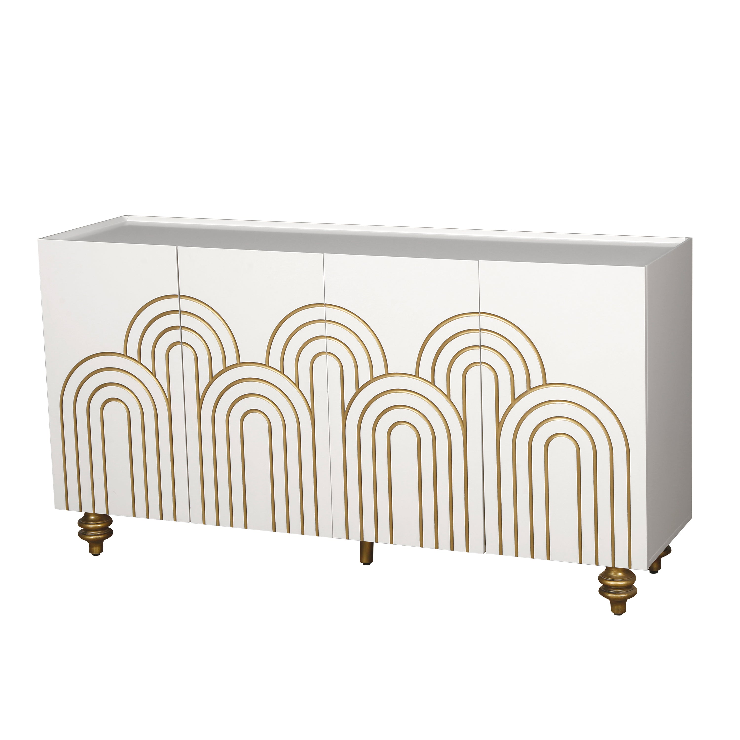 Modern Fluted Sideboard Buffet with Storage, Curve Element, 4 Doors with Adjustable Shelves, White