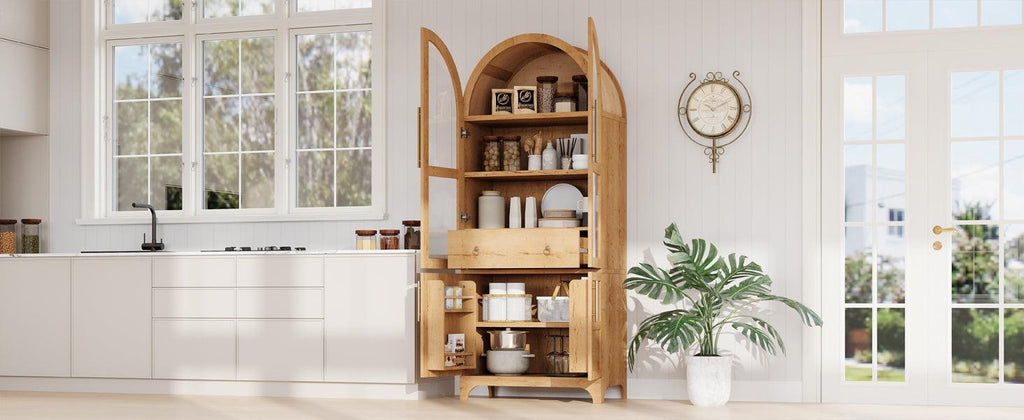 Open arched kitchen pantry cabinet showcasing adjustable shelves and spacious compartments for organized kitchen storage.