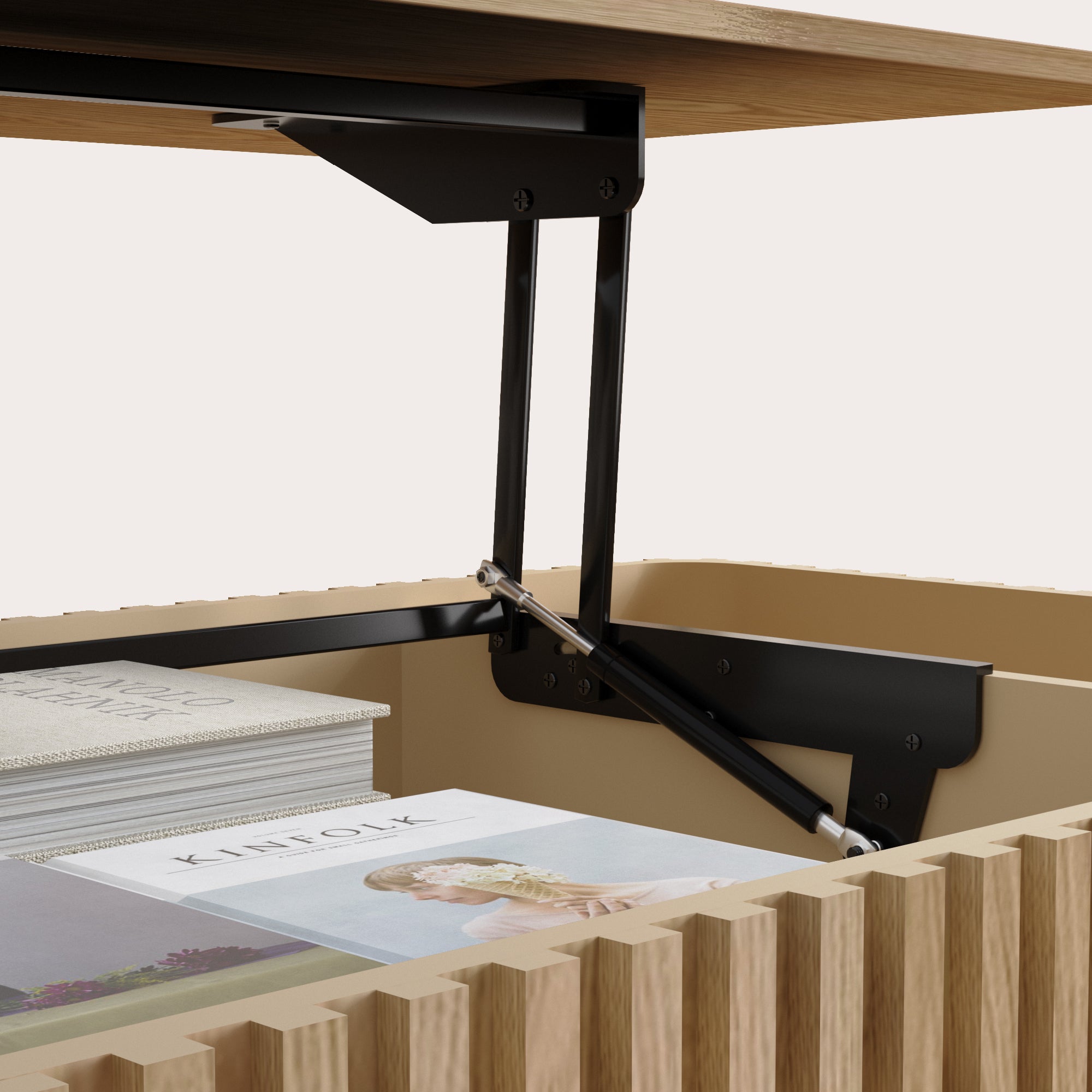 Detailed view of lift top coffee table’s internal hinge and storage area, emphasizing quality construction and functionality.