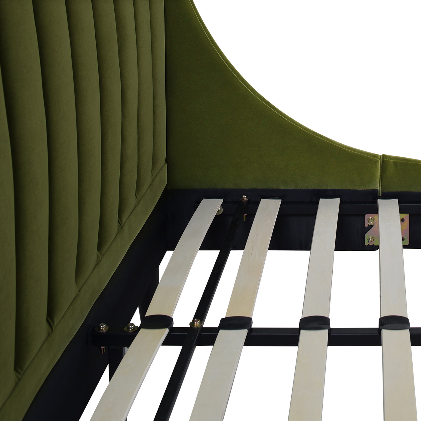 Interior corner of Aspen Olive Green Velvet King Bed Set, showing slat system and vertical tufted headboard in close detail.