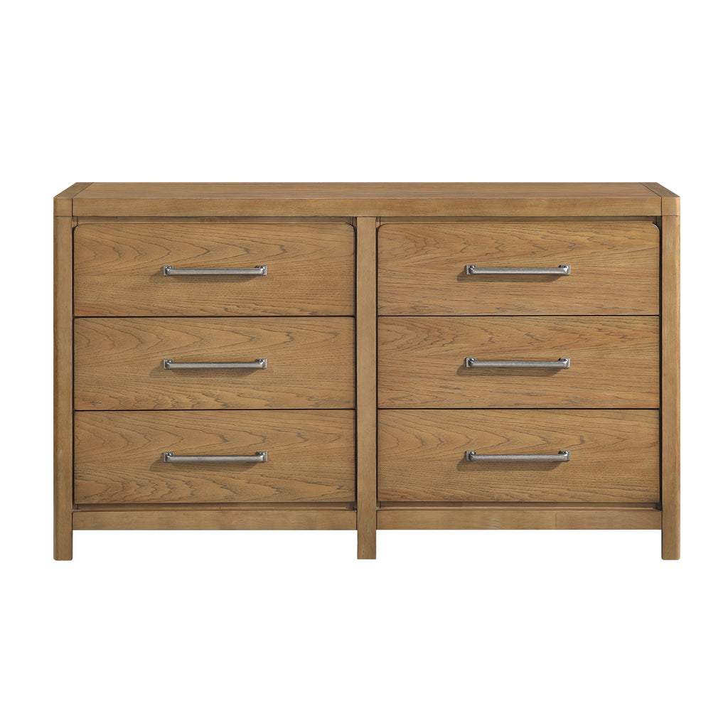 Modern 6-drawer dresser in light brown wood finish with horizontal brushed metal bar pulls on a simple frame.