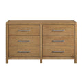 Modern 6-drawer dresser in light brown wood finish with horizontal brushed metal bar pulls on a simple frame.