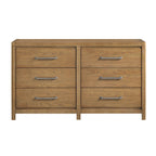 Modern 6-drawer dresser in light brown wood finish with horizontal brushed metal bar pulls on a simple frame.